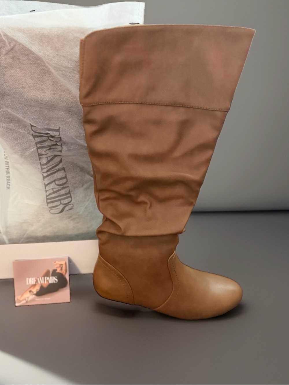 DREAM PAIRS Tan Brown Knee High Slouchy Boots Low Heel